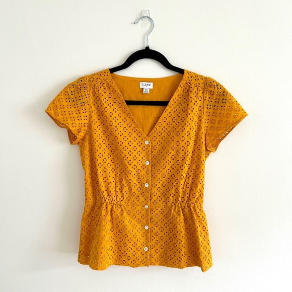 J. Crew Factory V-neck Lace Blouse Peplum Button Down Golden Yellow Size 00 - Picture 1 of 12